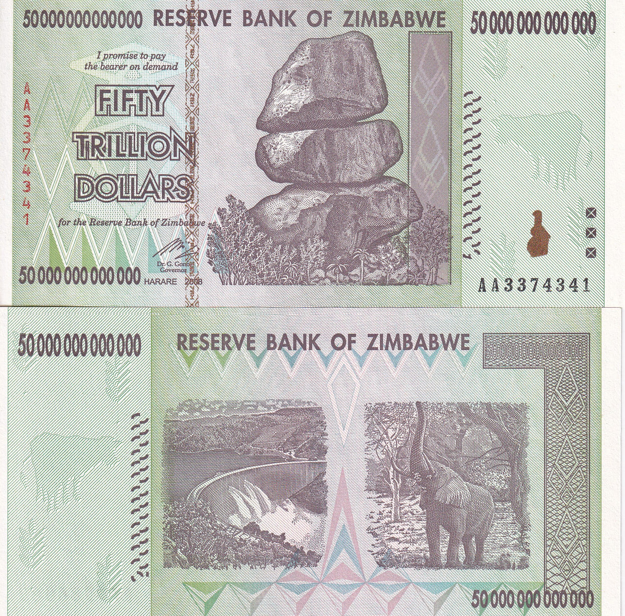 Zimbabwe 50 Trillion Dollars 2008 P 90 AUnc