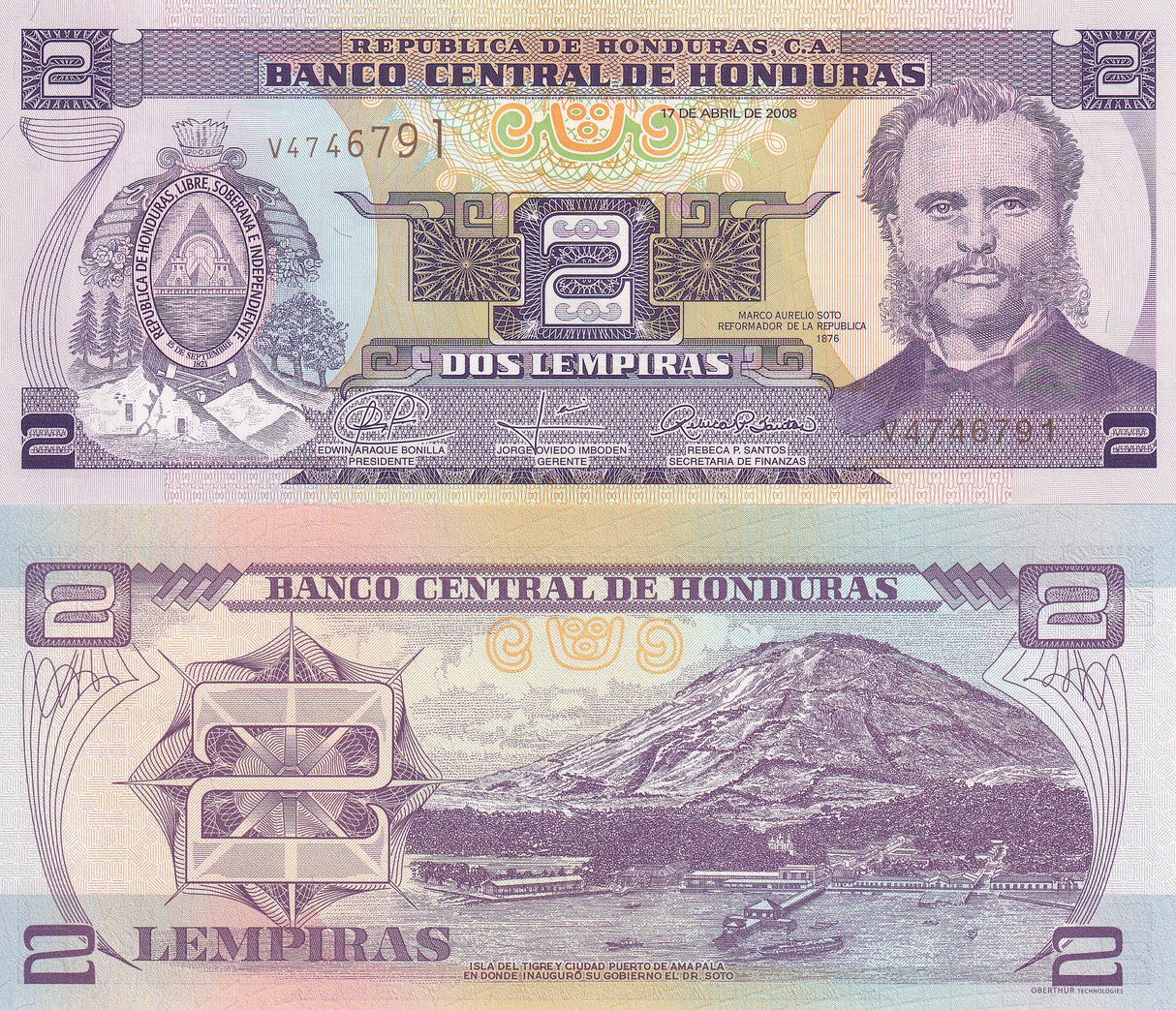 Honduras 2 Lempiras 2008 P 90 UNC