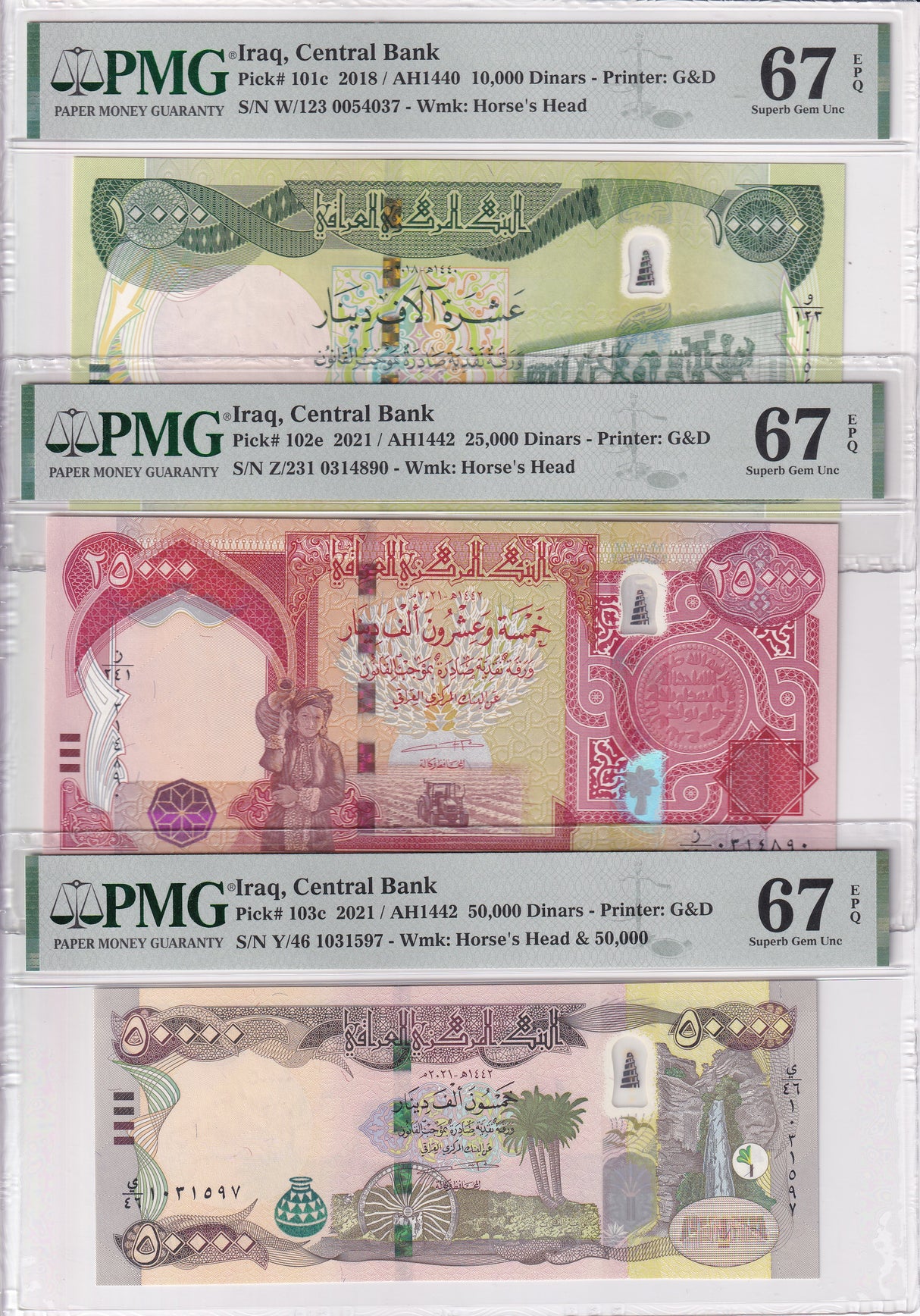 Iraq Set 3; 10000 25000 50000 Dinars 2018-21 P 101 102 103 Superb Gem UNC PMG 67 EPQ