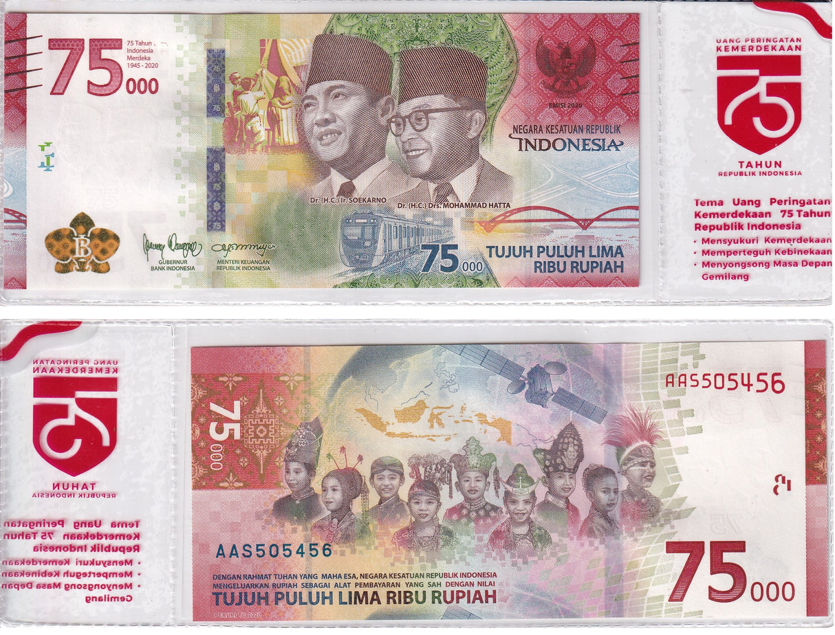 Indonesia 75000 Rupiah 2020 75th Commemorative P 161 UNC W/Official Sleeve