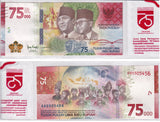 Indonesia 75000 Rupiah 2020 75th Commemorative P 161 UNC W/Official Sleeve