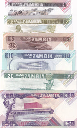 Zambia Set 6 Pcs 1 2 5 10 20 50 Kwacha ND 1980 P 23 24 25 26 27 28 UNC
