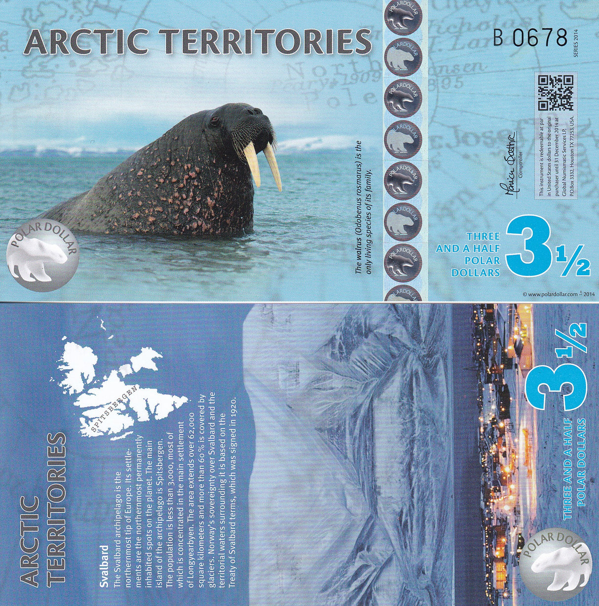 ARCTIC TERRITORIES 3.5, 3 1/2 DOLLARS 2014 POLYMER WALRUS UNC
