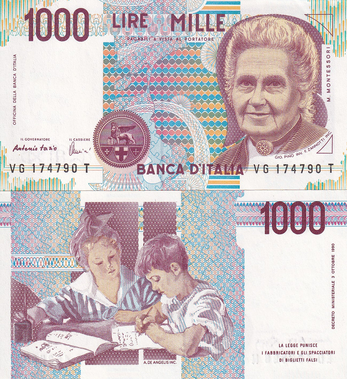 ITALY 1000 1,000 LIRE 1990 P 114 b UNC