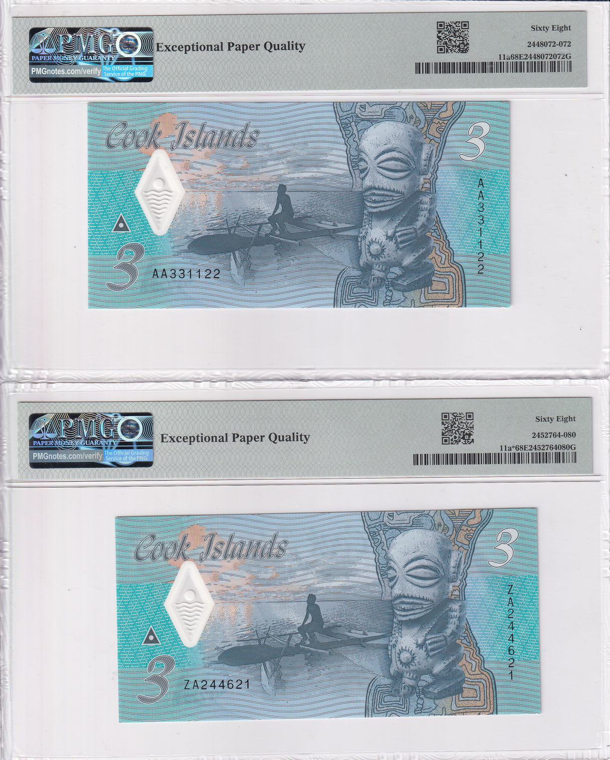 Cook Islands Set 2; 3 Dollars 2021 P 11a P 11a* Superb Gem UNC PMG 68 EPQ