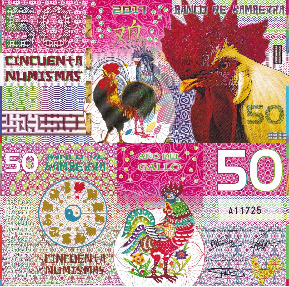 KAMBERRA 50 NUMISMAS 2017 ROOSTER CHICKEN PRIVATED FANTASY ISSUE POLYMER ZODIAC