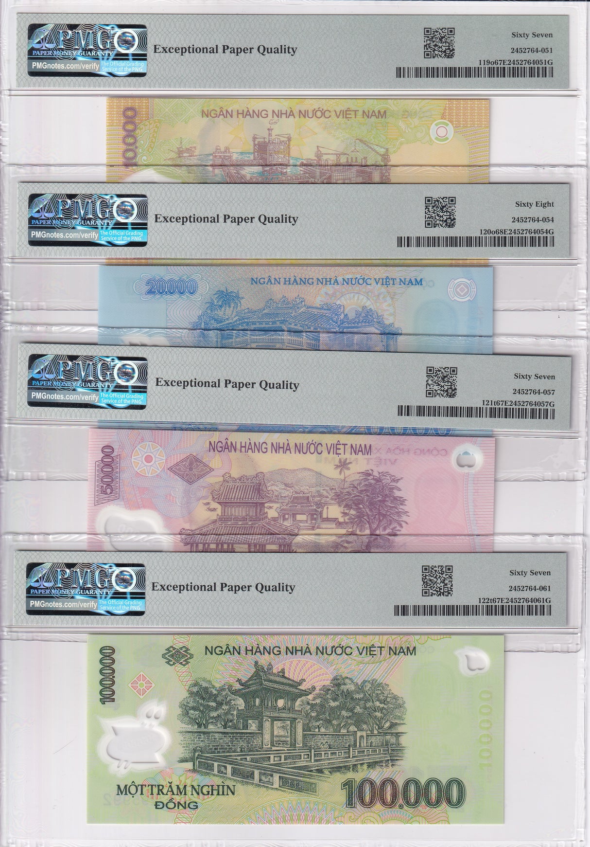 Vietnam Set 4; 10000-100000 Dong 2022-24 P119-P 122 Superb Gem UNC PMG 67 68 EPQ