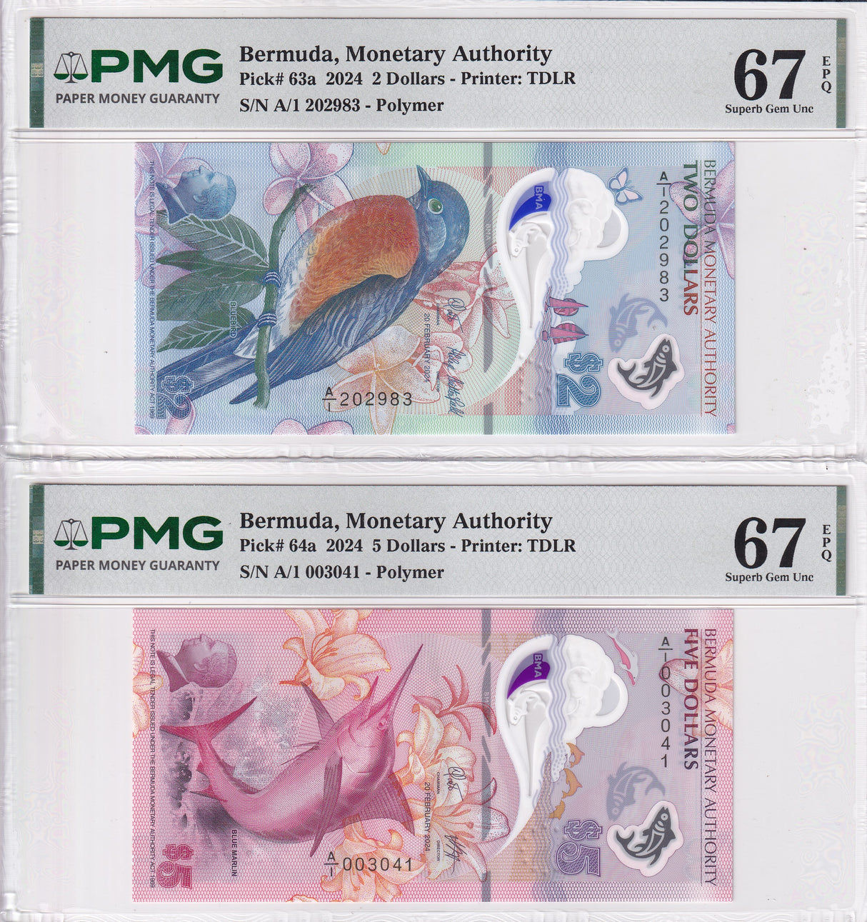 Bermuda Set 2; 2 5 Dollars 2024 P 63 P 64 Bird Fish Superb Gem UNC PMG 67 EPQ