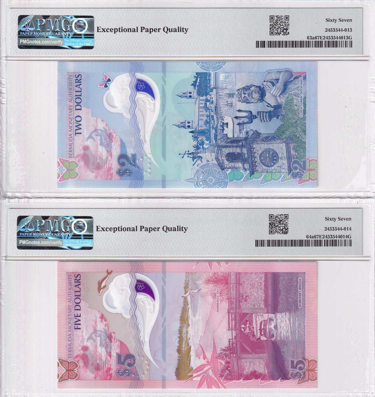 Bermuda Set 2; 2 5 Dollars 2024 P 63 P 64 Bird Fish Superb Gem UNC PMG 67 EPQ