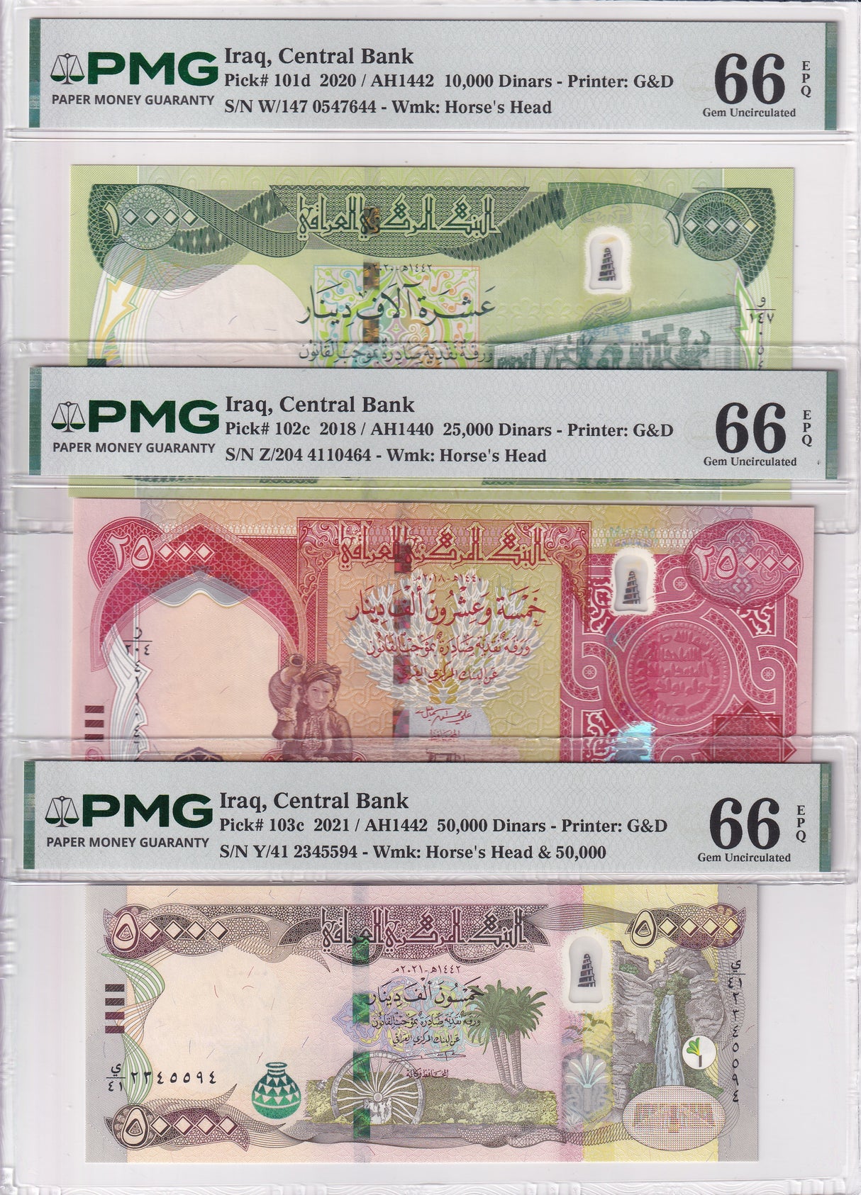 Iraq Set 3; 10000 25000 50000 Dinars 2018-21 P 101 102 103 Gem UNC PMG 66 EPQ