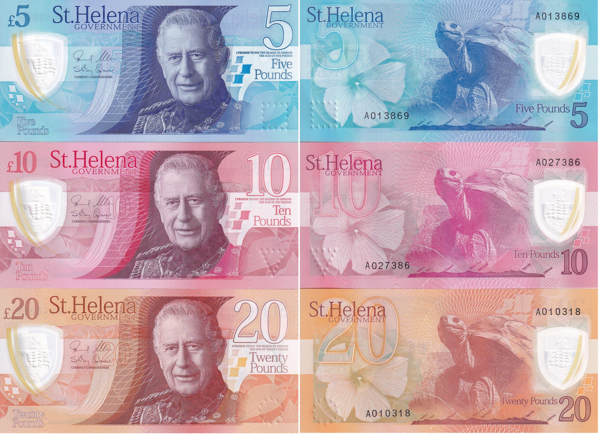 St. Helena SET 3 UNC 5 10 (20 AU) Pounds 2026 Polymer P 14 15 16 New King Charles III