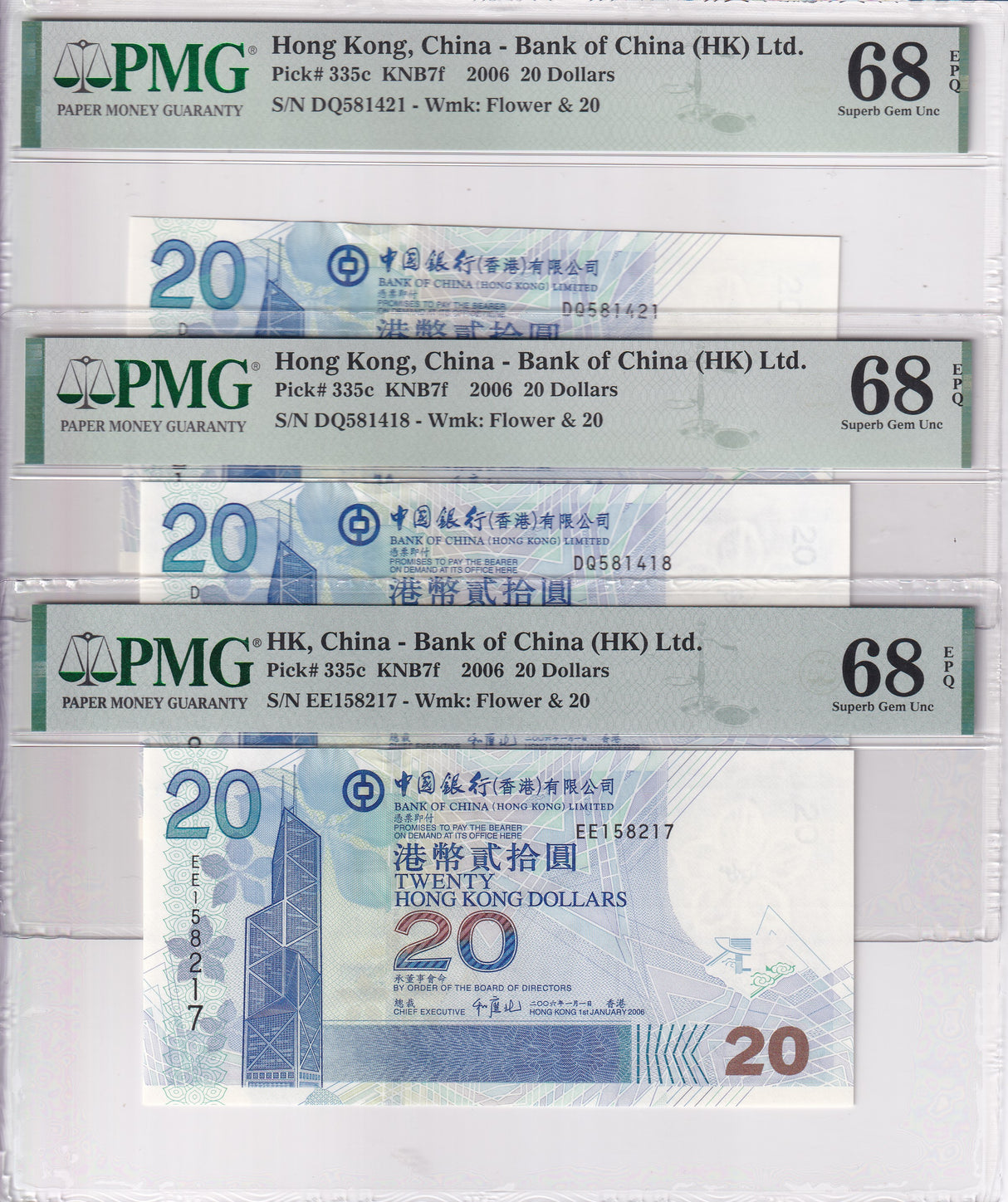 Hong Kong LOT 3;20 Dollars 2006 P 335 c Superb Gem UNC PMG 68 EPQ