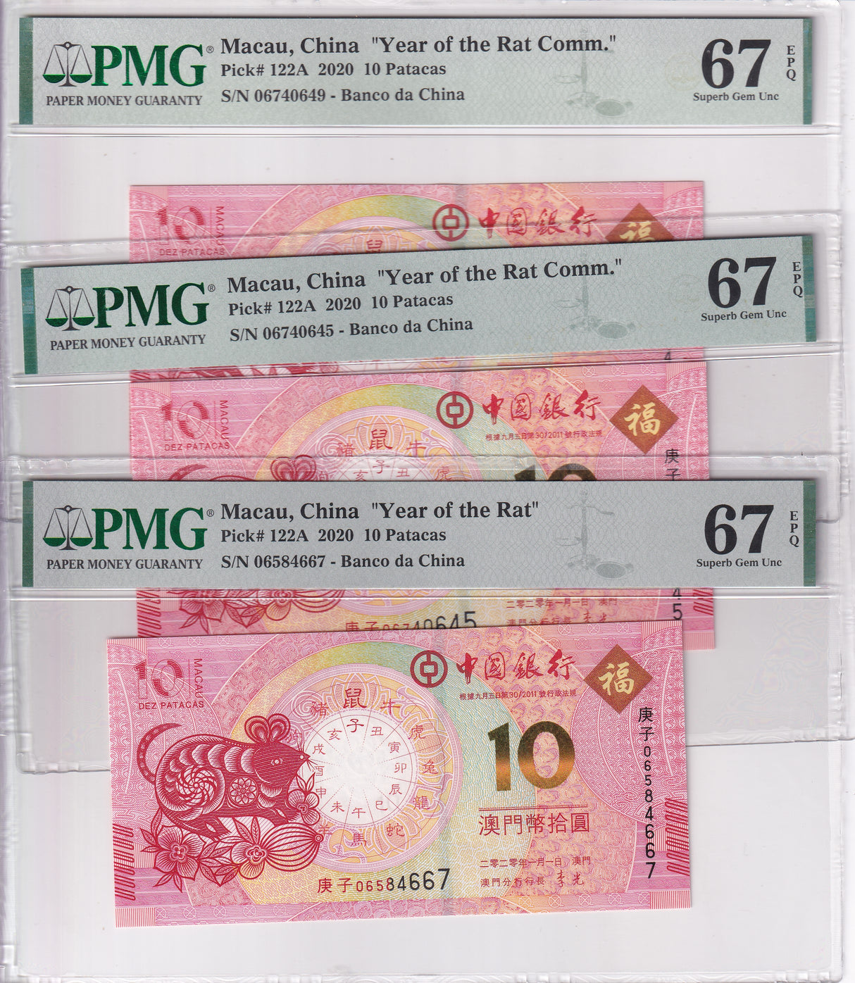 Macau LOT 3; 10 Patacas 2020 P 122A Mouse Commemorative BOC Superb Gem UNC PMG 67 EPQ