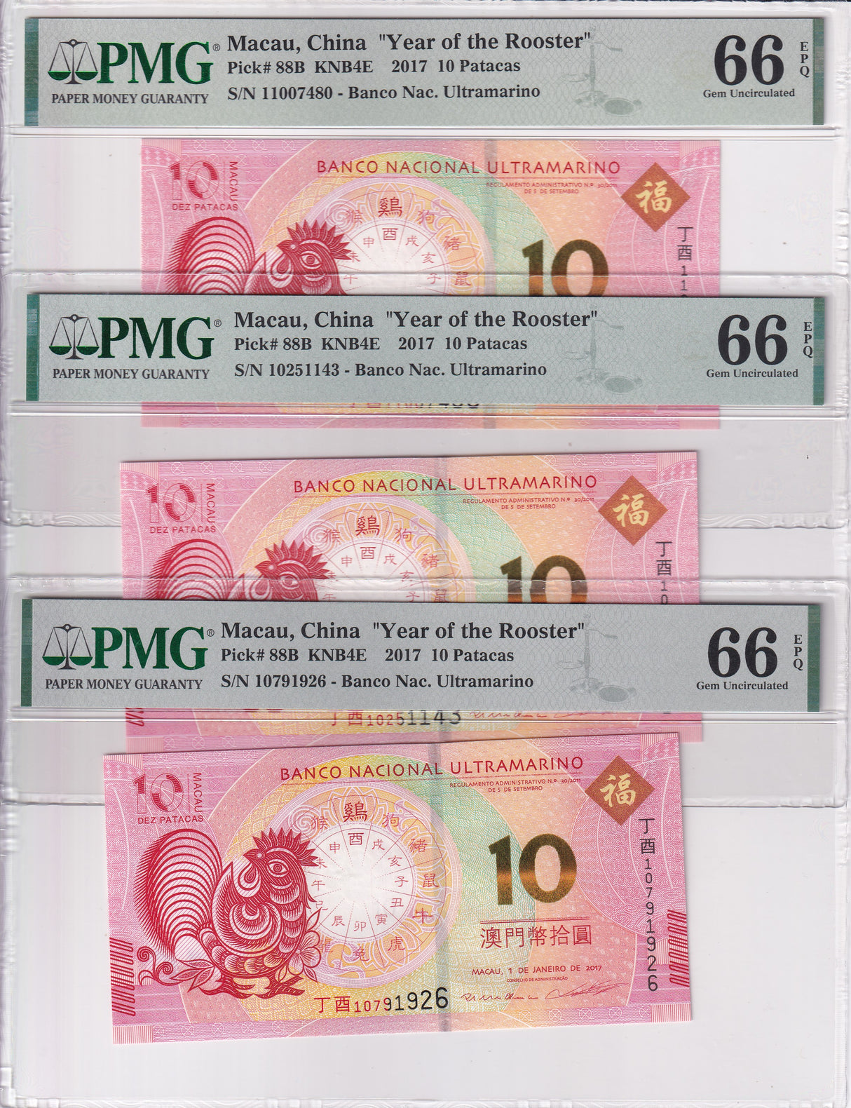 Macau LOT 3; 10 Patacas 2017 P 88B Rooster Commemorative Gem UNC PMG 66 EPQ