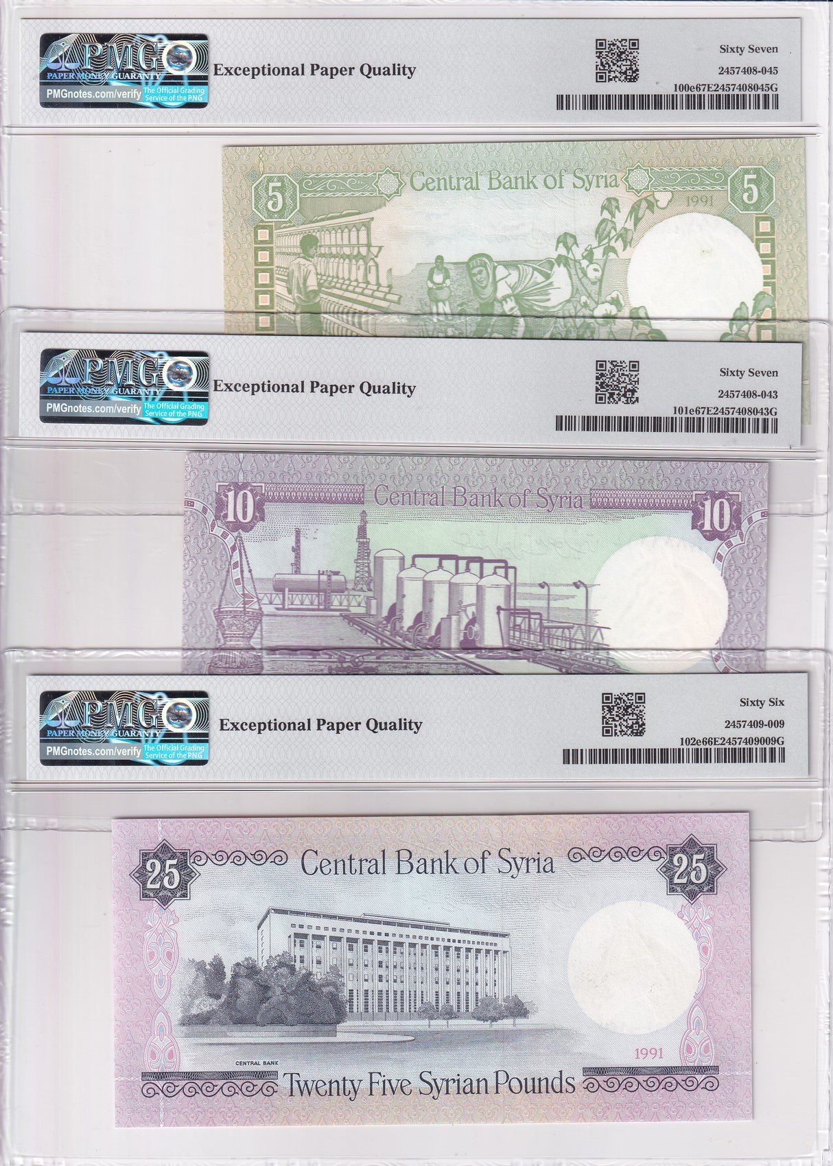 Mediterranean set 3, 5 10 25 Pounds 1991 P 100 101 102 Superb Gem PMG 66 67 EPQ