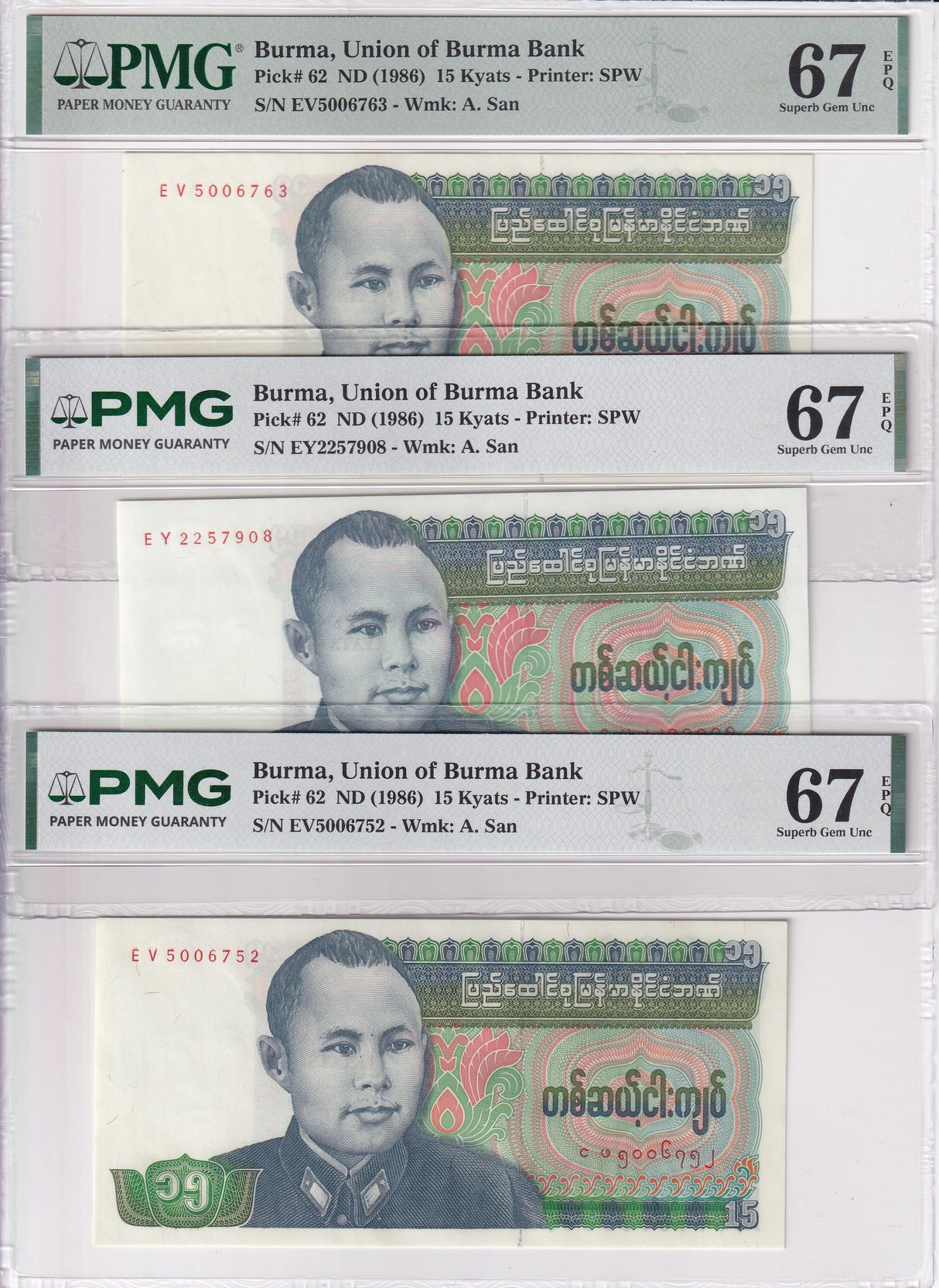 Burma Lot 3 ;15 Kyats ND 1986 P 62 Superb Gem UNC PMG 67 EPQ