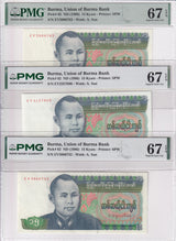 Burma Lot 3 ;15 Kyats ND 1986 P 62 Superb Gem UNC PMG 67 EPQ