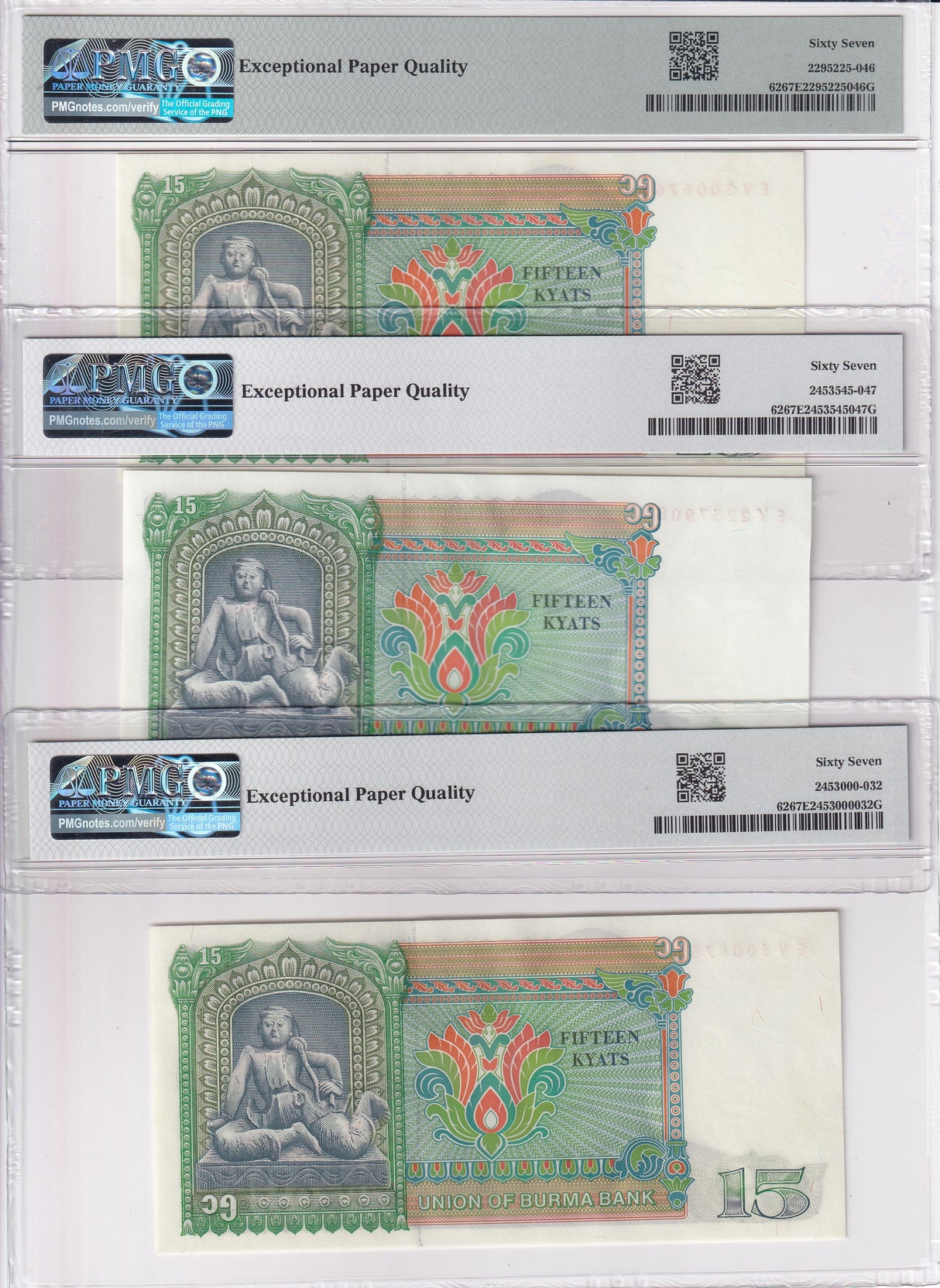 Burma Lot 3 ;15 Kyats ND 1986 P 62 Superb Gem UNC PMG 67 EPQ