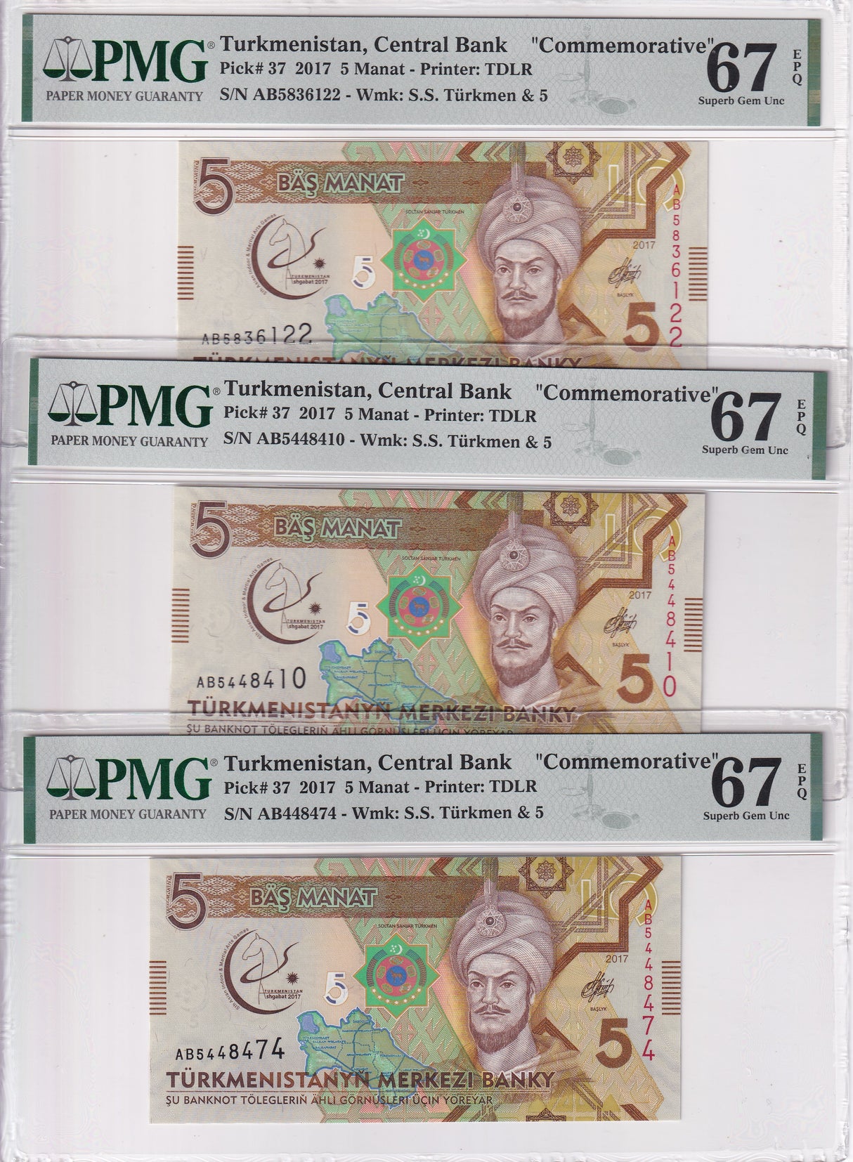 Turkmenistan LOT 3; 5 Manat 2017 Commemorative P 37 Superb Gem UNC PMG 67 EPQ