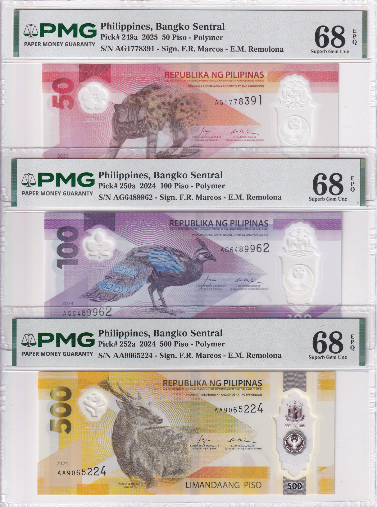 Philippines Set 3; 50 100 500 Piso 2025 P 249 250 252 Superb Gem UNC PMG 68 EPQ