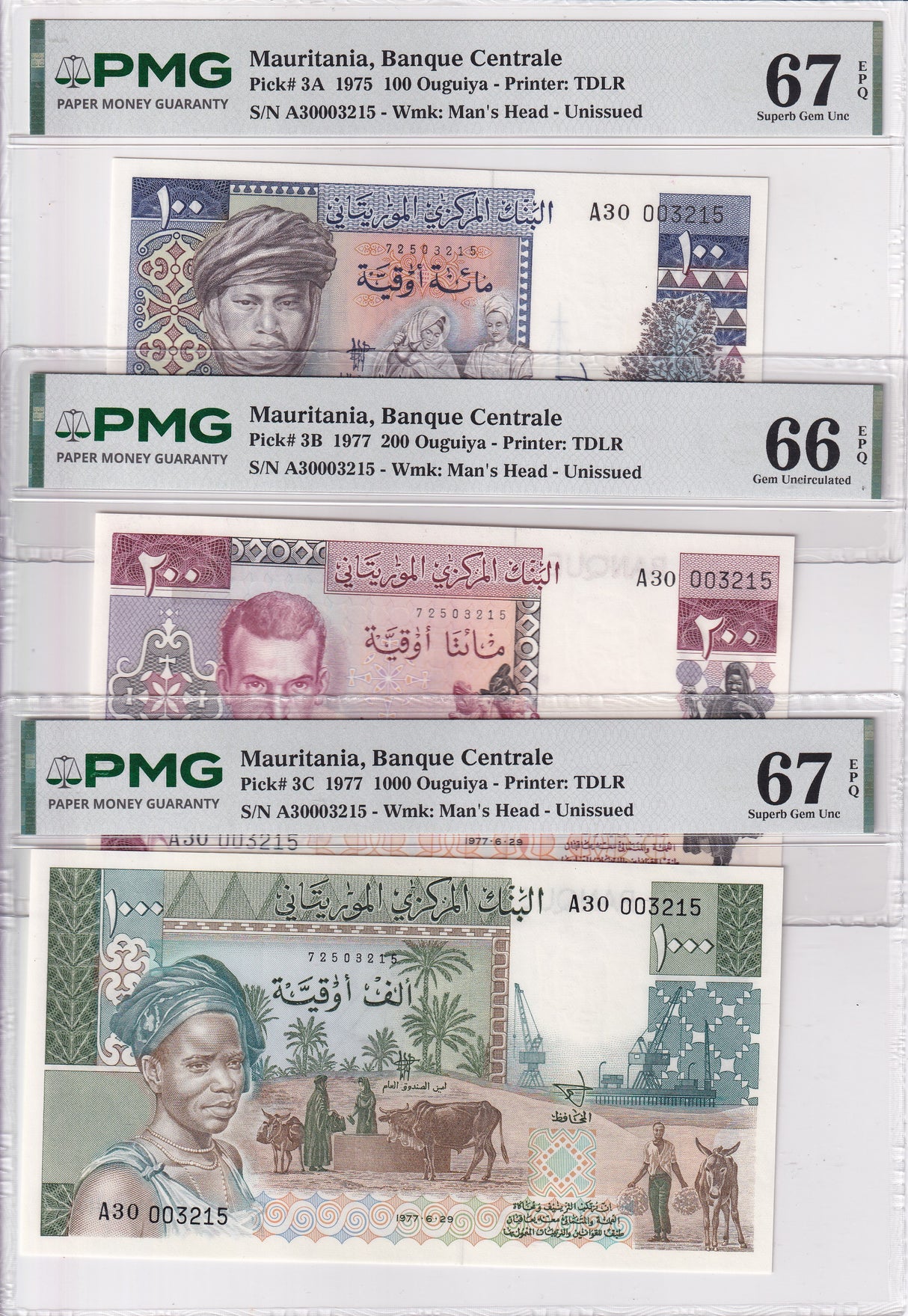Mauritania SET 3 100 200 1000 Oug 1975-77 P 3A 3B 3C Superb UNC PMG 66 67 EPQ