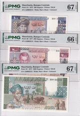 Mauritania SET 3 100 200 1000 Oug 1975-77 P 3A 3B 3C Superb UNC PMG 66 67 EPQ