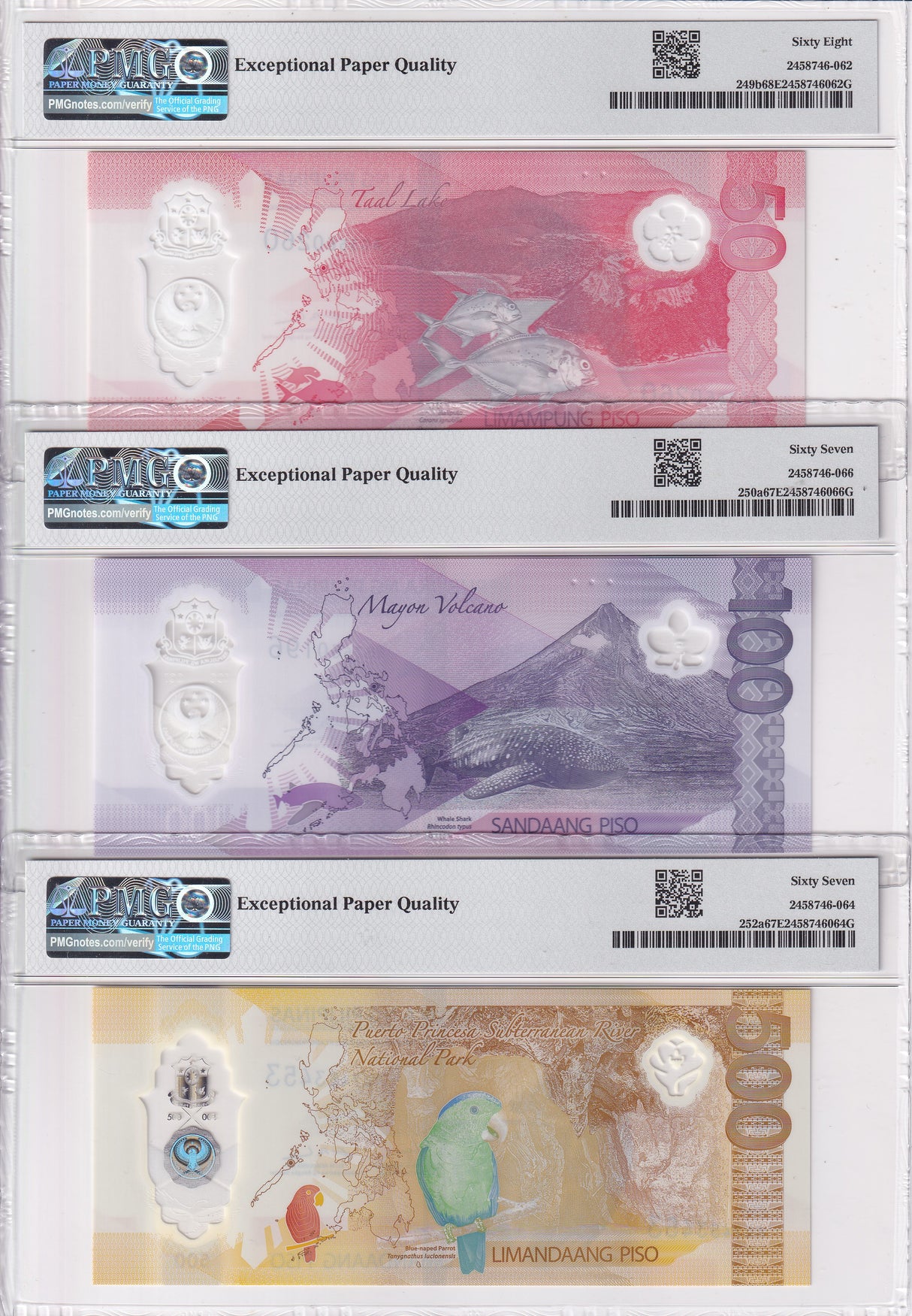 Philippines Set 3; 50 100 500 Piso 2025 P 249 -252 Superb Gem UNC PMG 67 68 EPQ