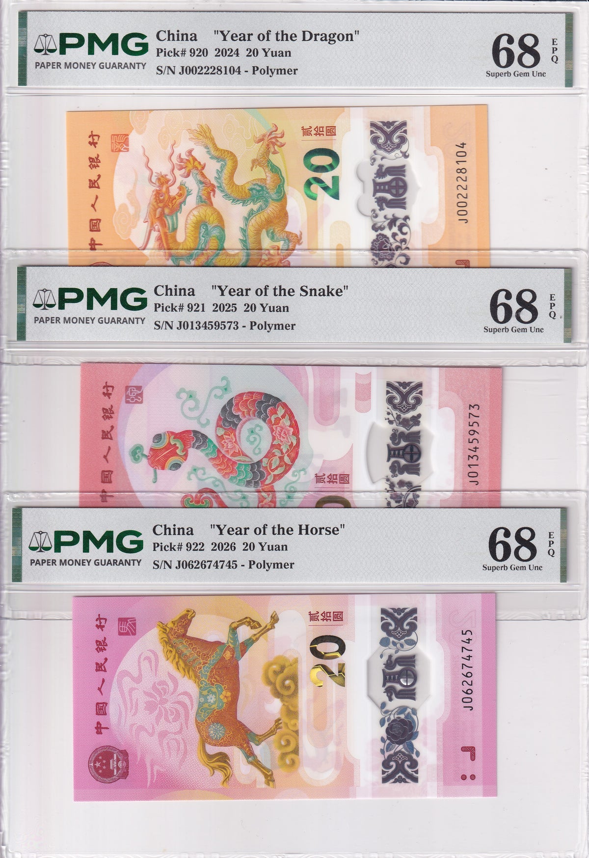 China Set 3;20 Yuan 2024 2025 2026 P 920-922 Polymer Superb Gem UNC PMG 68 EPQ