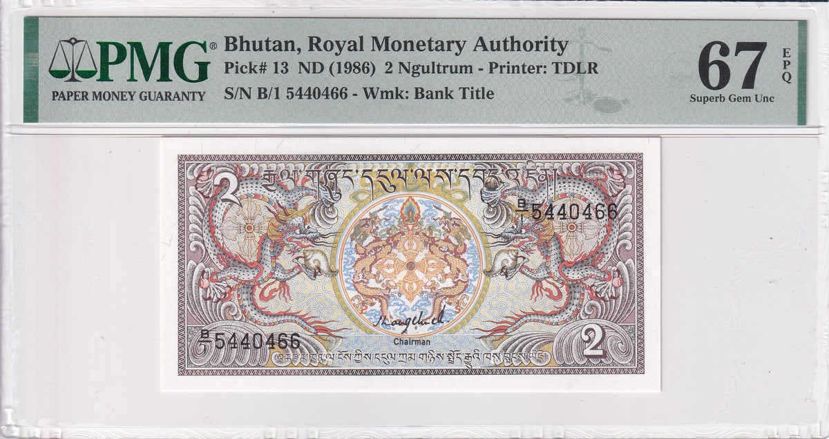 Bhutan 2 Ngultrum ND 1986 P 13 Superb Gem UNC PMG 67 EPQ , TDLR