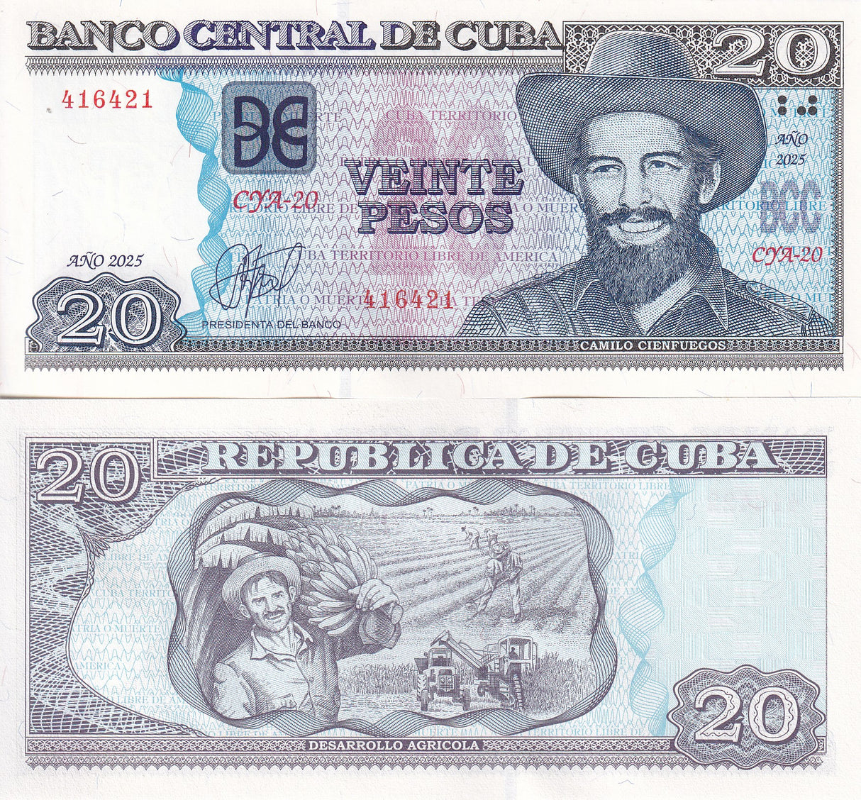 Central America 20 Pesos 2025 P 122 UNC ,Banana harvest, Camilo Cienfuegos