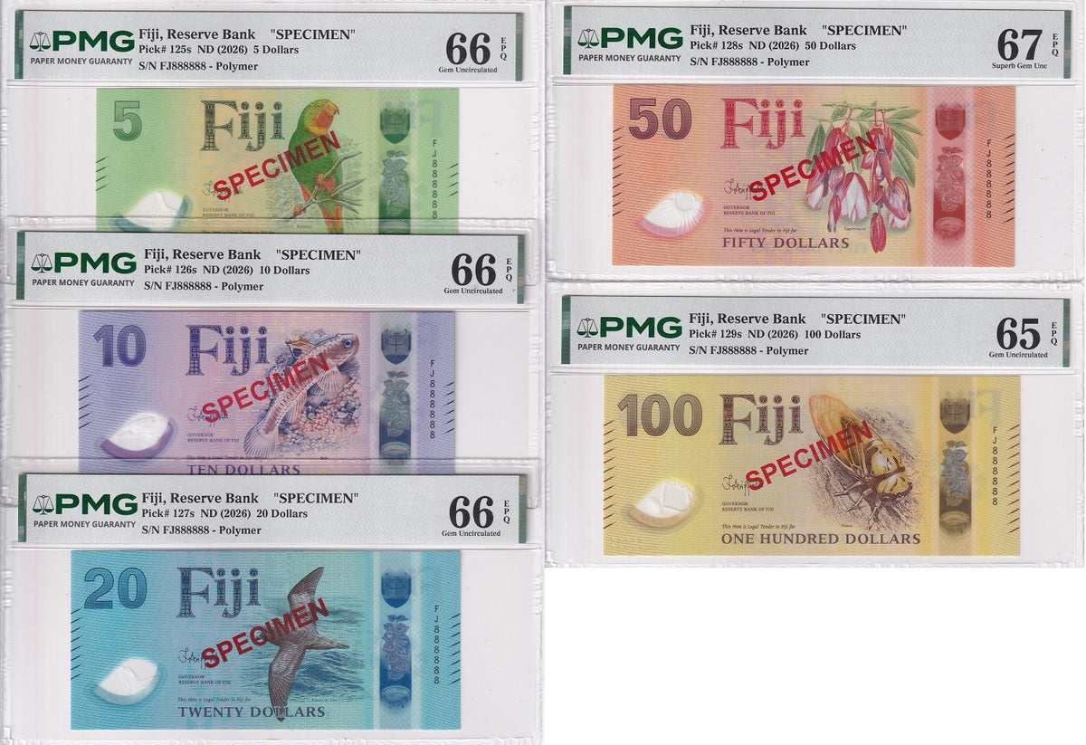 Fiji set 5 SPECIMEN 5 10 20 50 100 Dollars 2026 P 125-129S Gem UNC PMG 65-67 EPQ