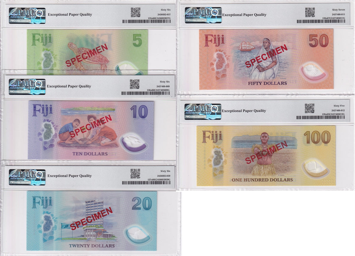 Fiji set 5 SPECIMEN 5 10 20 50 100 Dollars 2026 P 125-129S Gem UNC PMG 65-67 EPQ