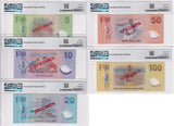 Fiji set 5 SPECIMEN 5 10 20 50 100 Dollars 2026 P 125-129S Gem UNC PMG 65-67 EPQ