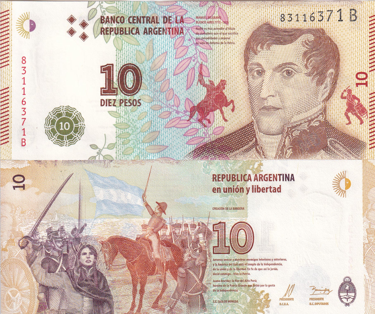 Argentina 10 Pesos ND 2016 P 360 UNC, General Manuel Belgrano