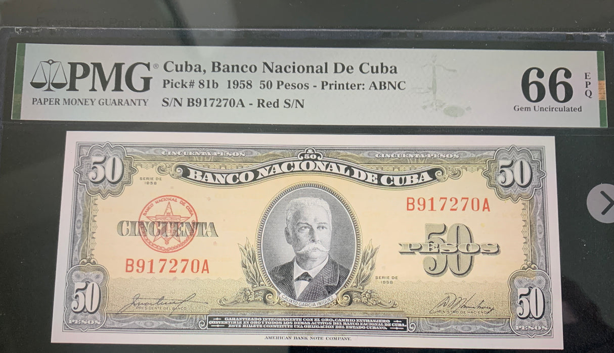 Central America 50 pesos 1958 p 81 b GEM UNC PMG 66 EPQ