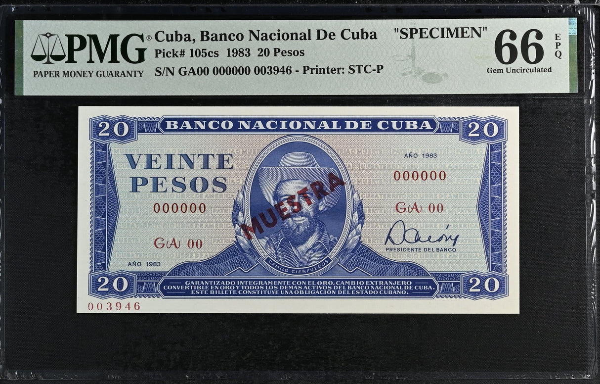 Central America 20 Pesos 1983 P 105cs Specimen GEM UNC PMG 66 EPQ