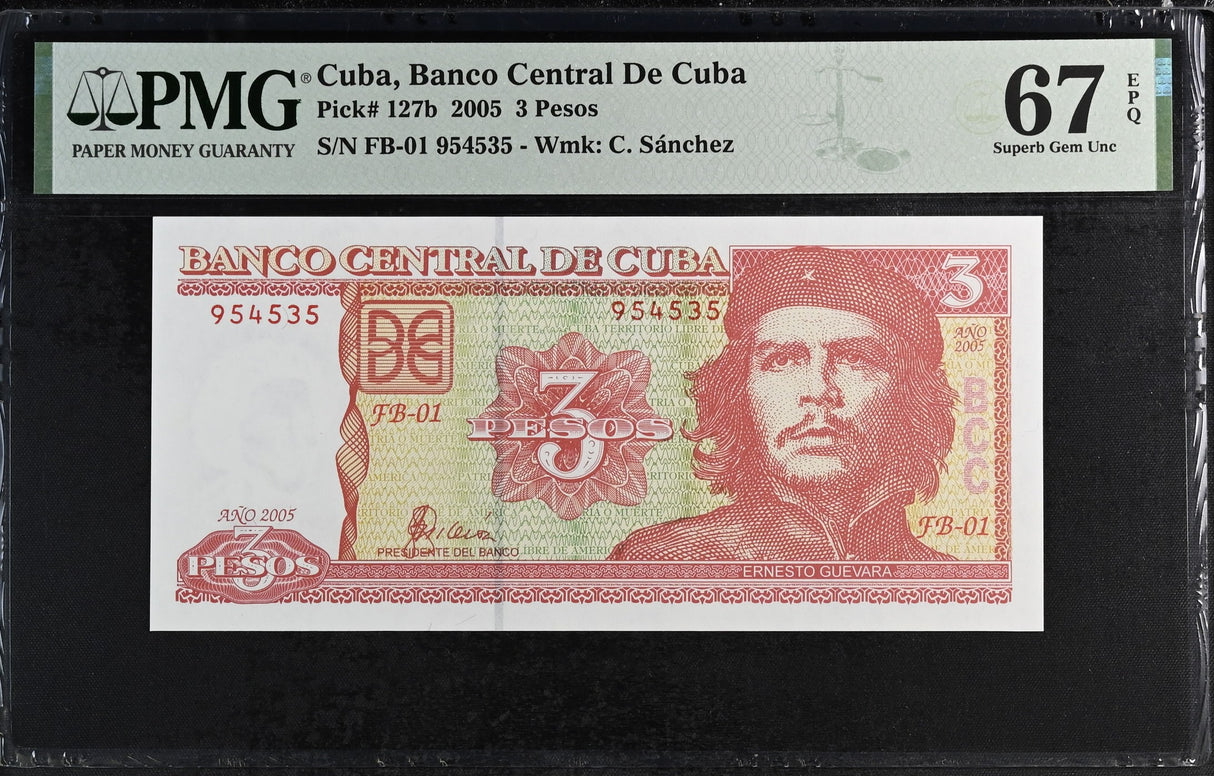 Central America 3 Pesos 2005 P 127 b CHE Guevara Superb GEM PMG 67 EPQ