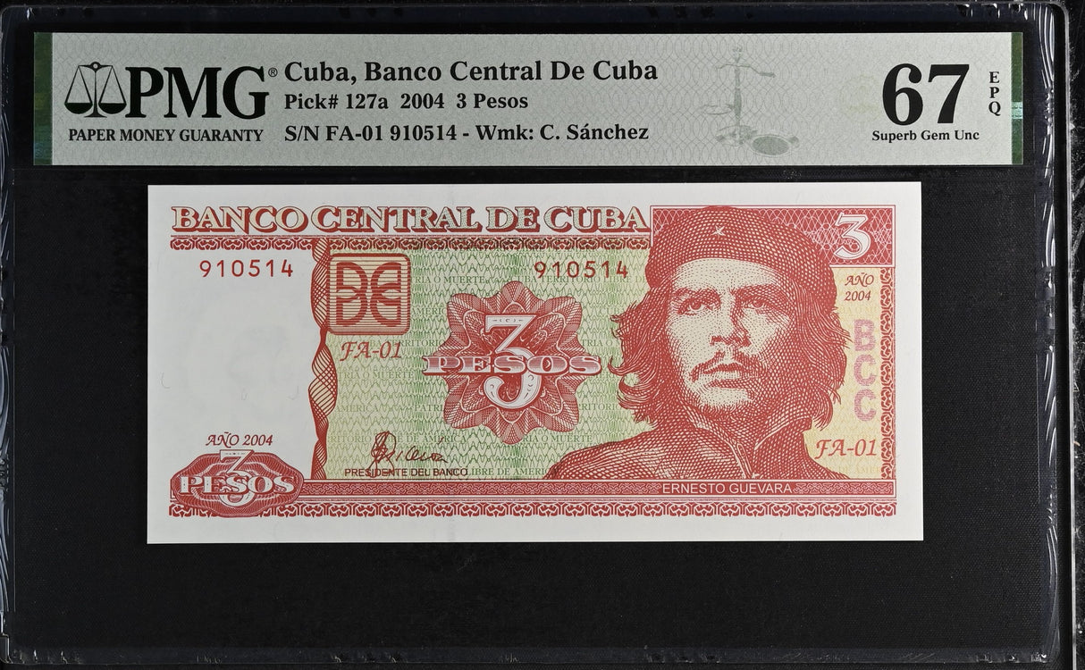 Central America 3 Pesos 2004 P 127 a First Prefix FA-01 CHE Guevara Superb Gem PMG 67 EPQ