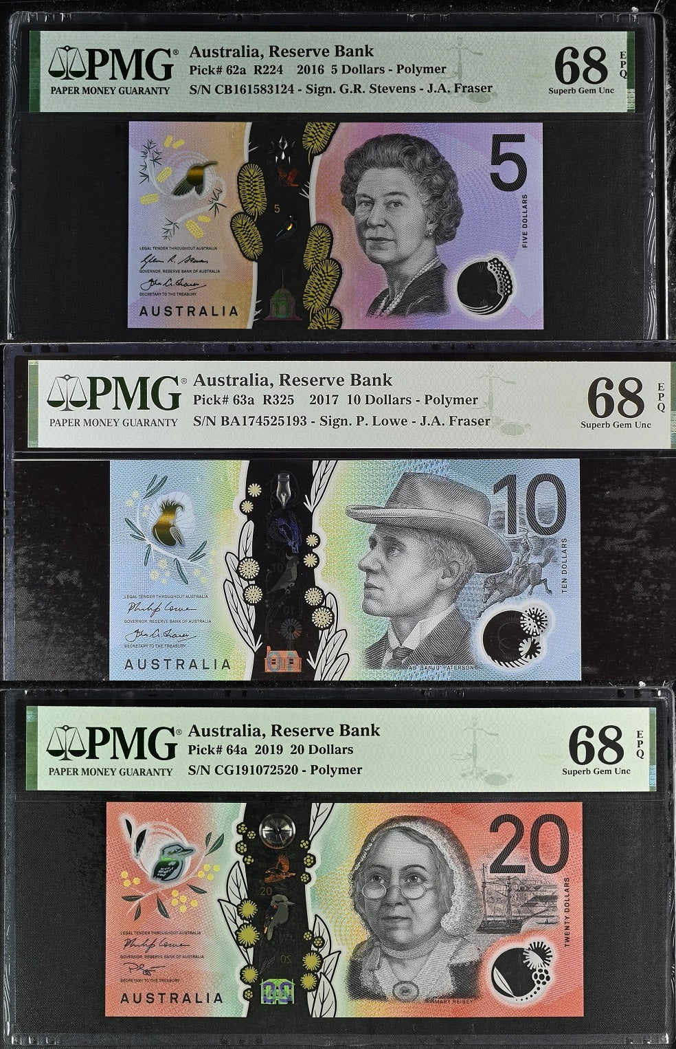 Australia Set 3; 5 10 20 Dollars P 62 P 63 P 64 Superb Gem UNC PMG 68 EPQ