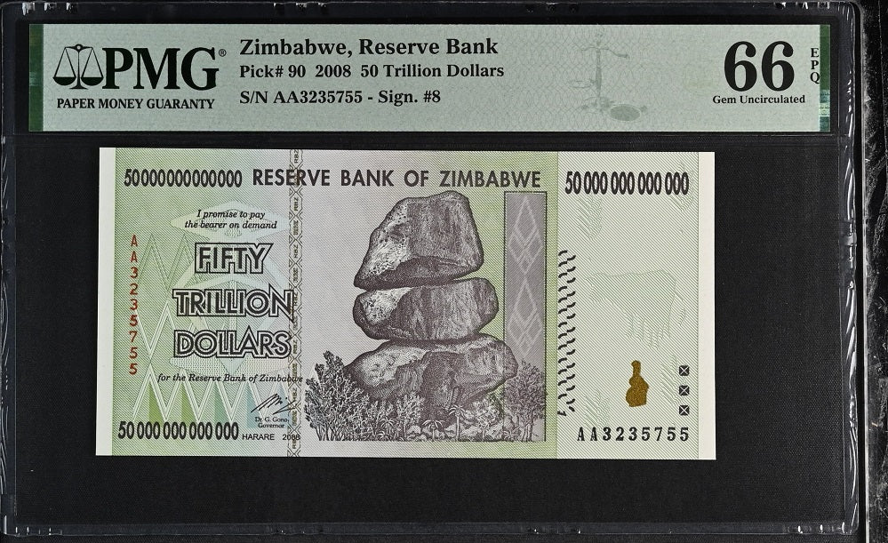 Zimbabwe 50 Trillion Dollars 2008 P 90 Gem UNC PMG 66 EPQ