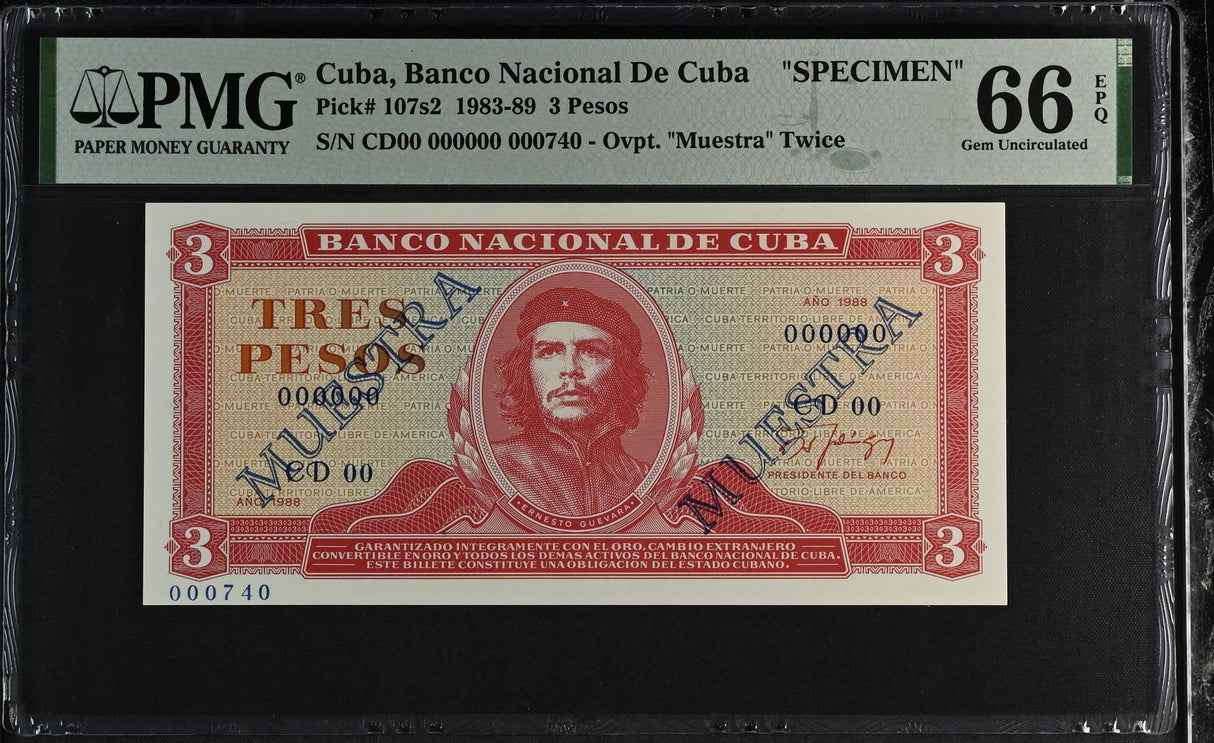 Central America 3 Pesos 1988 P 107s2 Specimen CHE Guevara GEM UNC PMG 66 EPQ