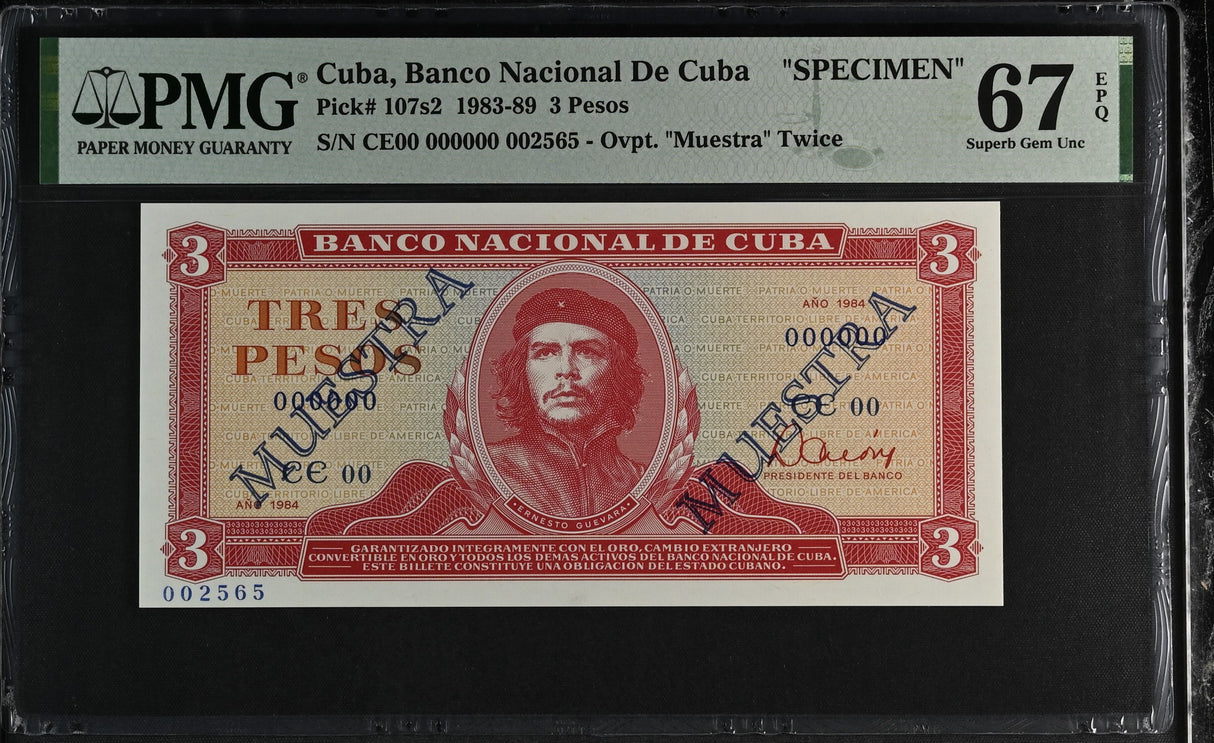 Central America 3 Pesos 1984 P 107s2 Specimen CHE Guevara Superb GEM UNC PMG 67 EPQ