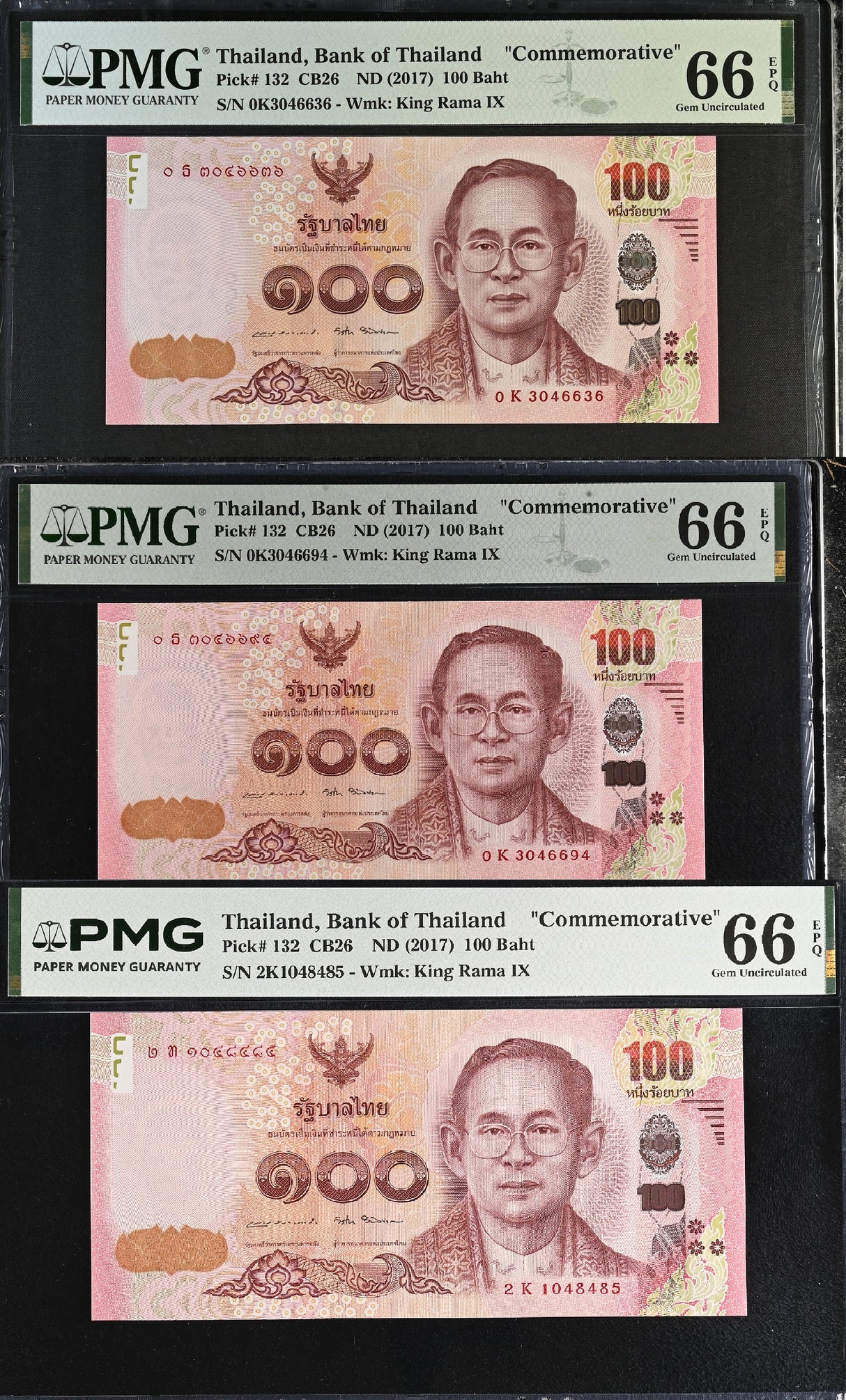 Thailand LOT 3; 100 Baht ND 2017 Commemorative P 132 Gem UNC PMG 66 EPQ