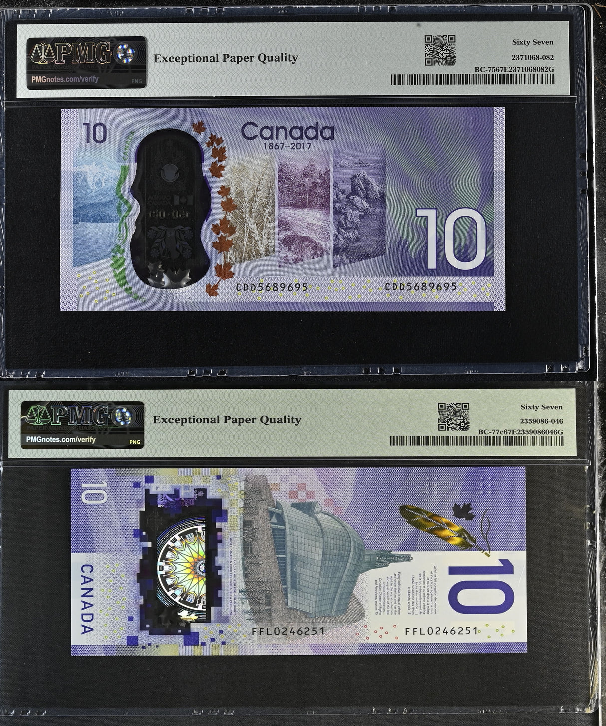 Canada Set 2; 10 Dollars 2017 - 2018 P 112 P 113 Superb Gem UNC PMG 67 EPQ