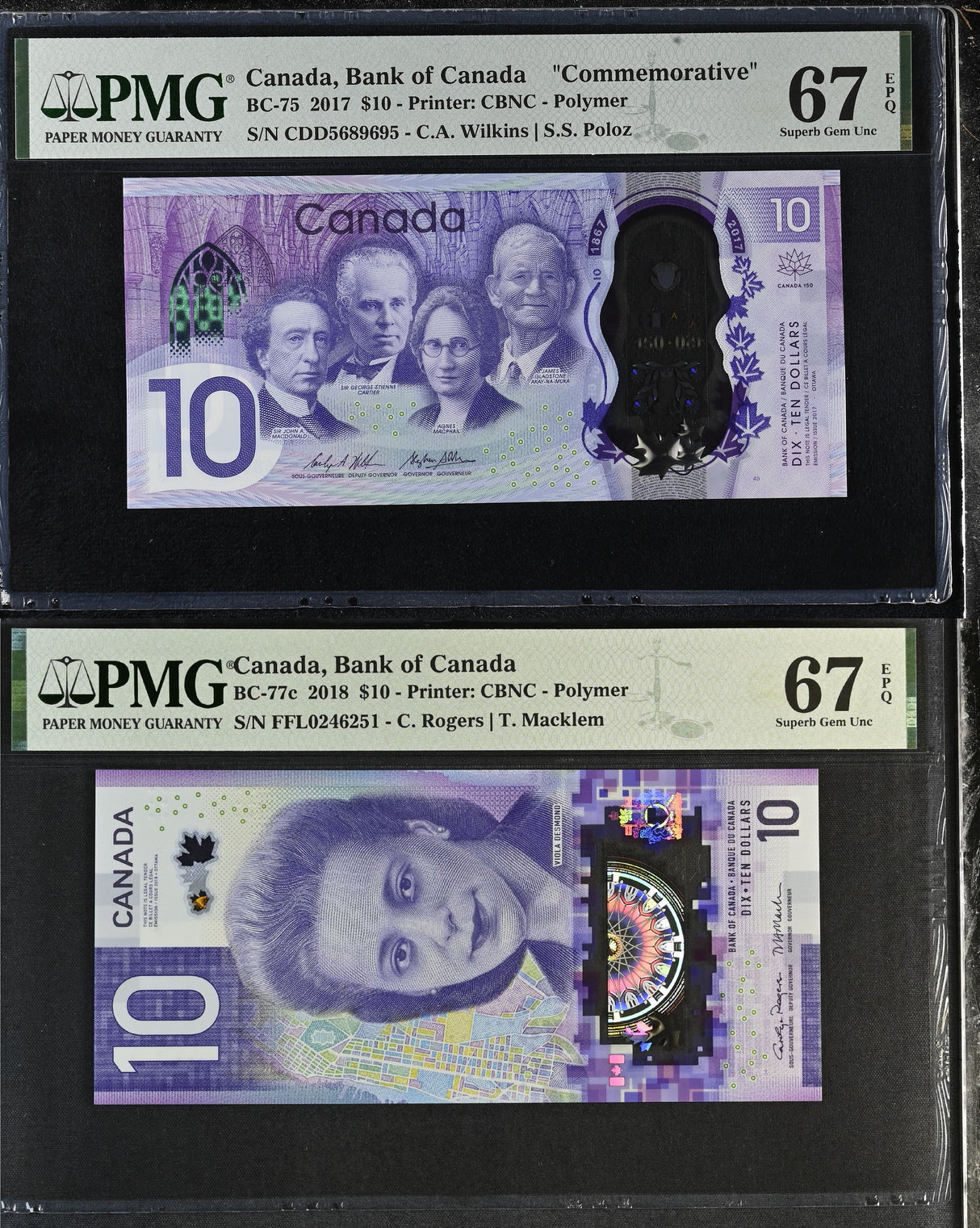 Canada Set 2; 10 Dollars 2017 - 2018 P 112 P 113 Superb Gem UNC PMG 67 EPQ