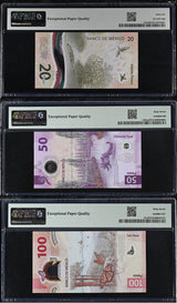 Mexico Set 3; 20 50 100 Pesos 2021-2023 P 130A P 131 P 136 Gem UNC PMG 66 67 EPQ