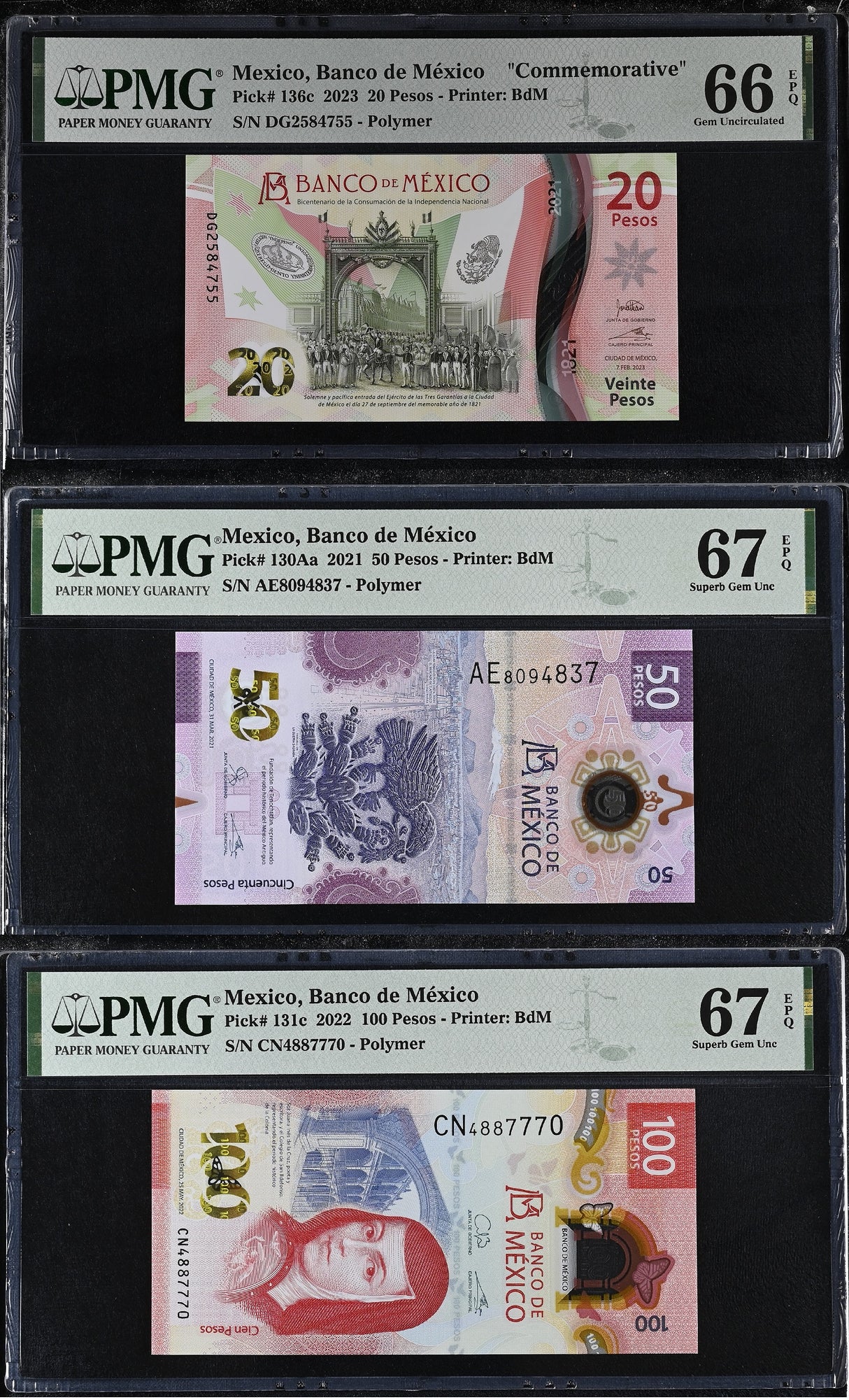 Mexico Set 3; 20 50 100 Pesos 2021-2023 P 130A P 131 P 136 Gem UNC PMG 66 67 EPQ