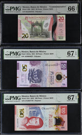 Mexico Set 3; 20 50 100 Pesos 2021-2023 P 130A P 131 P 136 Gem UNC PMG 66 67 EPQ