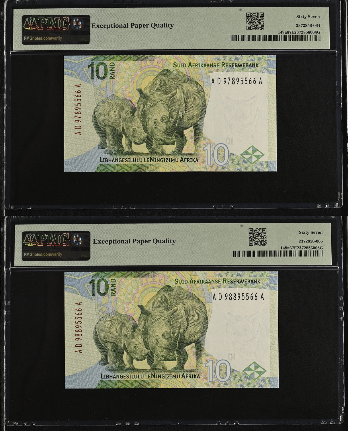 South Africa set 2 10 Rand ND 2023 P 148 Near Matching Superb Gem UNC PMG 67 EPQ