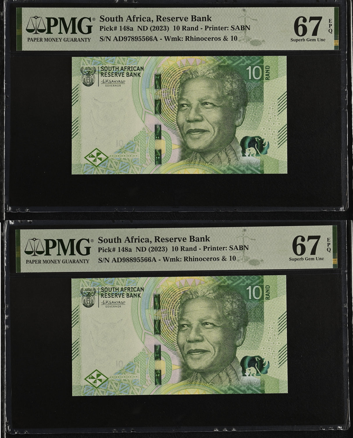 South Africa set 2 10 Rand ND 2023 P 148 Near Matching Superb Gem UNC PMG 67 EPQ